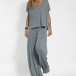 Nadorine Casual Two Pieces Set Short Sleeve V neck Tops and Wide Leg Long Pants