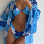 3Pcs Sets Dye Tie Printed Cover Ups Cardigan Bikinis Swimsuit