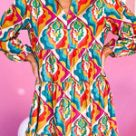 Multicolor Abstract Geometric Print Notch Neck Tiered Boho Dress