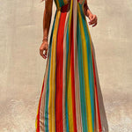 Spaghetti Strap Sleeveless Bow Design Colorful Striped Maxi Vacation Dress