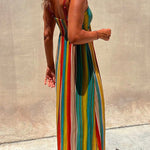 Spaghetti Strap Sleeveless Bow Design Colorful Striped Maxi Vacation Dress