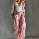 Elegant Vintage Versatile Pink Cotton And Linen Wide-leg Pants Overalls