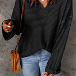 Dusk Blue Waffle Split V Neck Drop Shoulder Long Sleeve Top