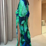 Nadorine Women's Casual Long Sleeve Pleated Long Dress Loose Deep V Neck Holiday Beach Cover Ups