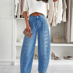 Women's Barrel Jeans High Waisted Side Button Denim Pants Distressed Washed Baggy Trousers Retro Y2K Streetwear