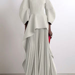 Long Sleeves Loose Pleated Solid Color Split-Joint Tiered Round-Neck Maxi Dresses