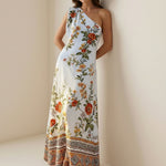 A-Line Sleeveless Contrast Color Flower Print Geometric Split-Joint One-Shoulder Maxi Dresses