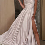 Solid Color Suspender Back Pleated Elegant Slit Full Hem Maxi Dress