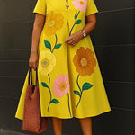 A-Line Loose Flower Print V-Neck Midi Dresses