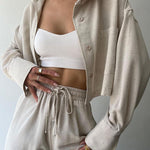 Two Piece Outfits Casual Lounge Sets Long Sleeve Short Casual Shirt with Drawstring Trousers Set