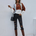 Knitted Color Block Pullover Lightweight Loose Casual Sweater