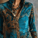 Boho Chic Vintage Peacock Blue Velvet Golden Print Fit Blouse