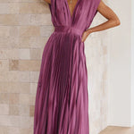 Elegant Satin Pleated V-neck Flowing Midi Dress