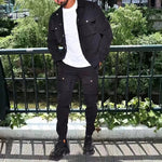 KZZ Men's Solid Button Pocket Lapel Neck Jacket & Drawstring Waist Cargo Pant Set