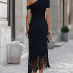 Elegant One-Shoulder Fringe Hem Midi Dress