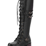 Round toe belt buckle rivet lace-up high-top riding boots