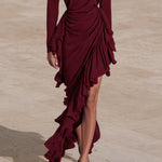 Burgundy midi evening gown with ruffles and an asymmetrical hem