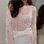 Sequined knitted hollow long-sleeved top