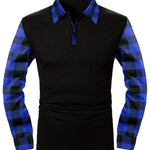 KZZ Men's Patchwork Plaid Print Half Zip Up Polo Shirt