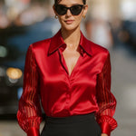 Black Spliced Satin Long-sleeved Loose-fitting Shirt