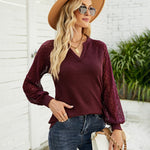 Nadorine V Neck Tops Solid Color Blouse Long Sleeve Pullover Lace Patchwork Shirt