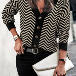 Long Sleeve V Neck Open Front Striped Knit Cardigan Sweaters
