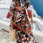 Vacay Mode Hollow Lace Unique Print Bell Sleeve Crop Top and Tie-up Maxi Skirt Set