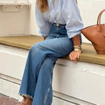 French ruffled stand-up collar loose lantern sleeve Tencel shirt