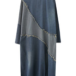 Original Loose Denim Contrast Color Round-Neck Long Sleeves Midi Dress