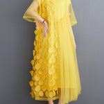 Loose Short Sleeves Asymmetric Gauze Split-Joint Round-Neck Midi Dresses