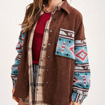 Nadorine Corduroy Patch Print Pocket Coat Long Sleeve Jacket Top