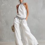Elegant Minimalist Trimmed White Cotton Linen Halter Neck Top And Wide-leg Pants Set