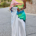 Long Sleeves Loose Asymmetric Flower Print One-Shoulder Maxi Dresses