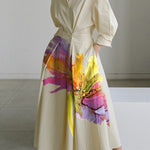 Long Sleeves Loose Floral Printed Pleated Split-Joint Tied Waist Lapel Midi Dresses Shirt Dress