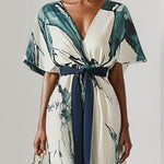 Batwing Sleeves Loose Printed Tied Waist V-Neck Evening Dresses Maxi Dresses