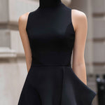 Contrast Ruffle High-Neck Asymmetrical Midi Dress