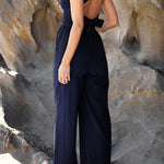 Fashion casual collarless straight wide leg open back cross strap jumpsuit