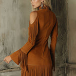 Brown High-neck Off-shoulder Tassel Faux Suede Long-sleeved Mini Dress