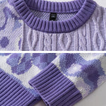 Vintage Floral Pattern Stitching Knit Sweater Casual Loose Round Neck Unisex Sweater