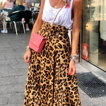 Today’s Journey Satin Leopard Tie Front Elastic Waist Midi Skirt