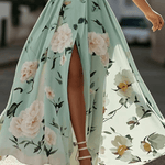 Light Green Floral Ruched One Shoulder A-Line Maxi Chiffon Dress