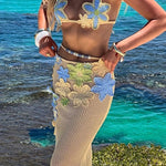 Luxe Knit Crochet Handmade Flower Beaded Waist Stretch Maxi Skirt