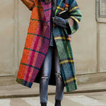 Loose Three-Quarter Sleeves Contrast Color Plaid Split-Joint Lapel Outerwear Windbreakers Woolen Coat