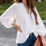 Nadorine V Neck Chiffon Plain Long Sleeve Loose Casual Work Office Blouses