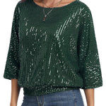 Solid Color Sequined Loose Round Neck Casual Top
