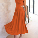 Cap Sleeve Belly-Hollow Pleated Solid Color Stand Collar Maxi Dresses