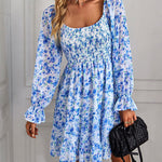 Ribbed Long Sleeve Chiffon Dress Crewneck Elegant Batwing Bohemian Floral Printed Dress
