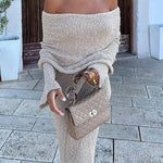 Marisol Ribbed Boucle Material Draped Off Shoulder Stretch Vacation Maxi Dress