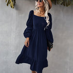 Solid Square Neck Bishop Sleeve Flounce Hem Dress
