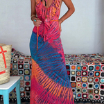 Tie-dye Print Ruffle Neck Halter Lace-up Backless Stretch Maxi Dress